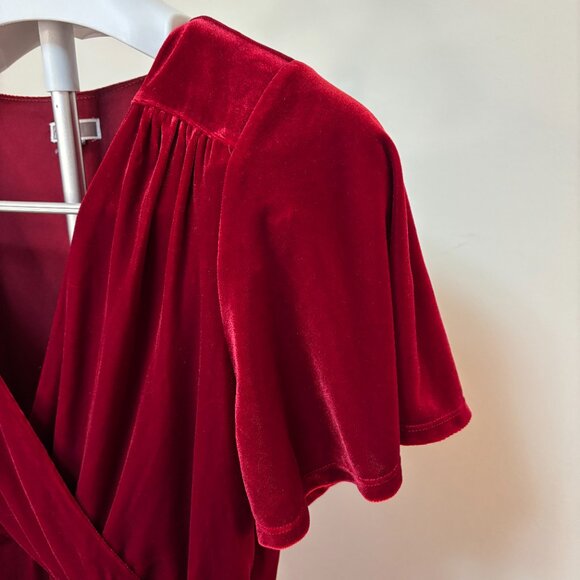 Chelsea28 RomanticBurgundy Velvet Wrap Dress Flutter Sleeve Front Slit Rope Belt - Picture 3 of 13